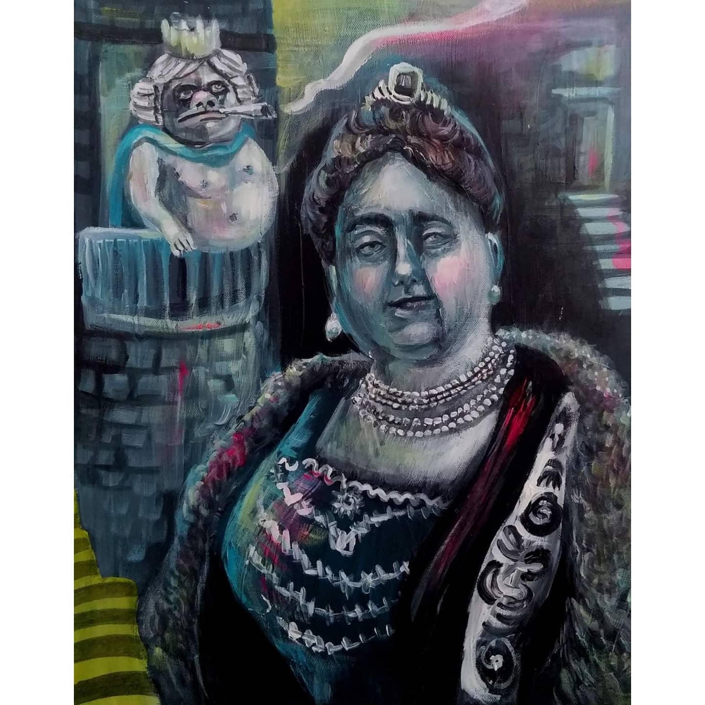 Gemälde Uli Pforr in dunklen Farben Person im Vordergrund und im Hintergrund