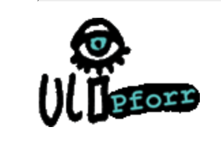 Der Name "Uli" geschrieben mit einem Auge als I-Punkt. "Pforr" dahinter vor schwarzem Grund in Türkis in Druck (Logo)